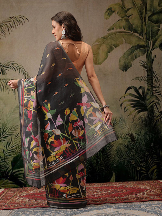 Hiral Fashion Black Banarasi Cotton Blend Floral Digital Printed Saree | Swadesiicart