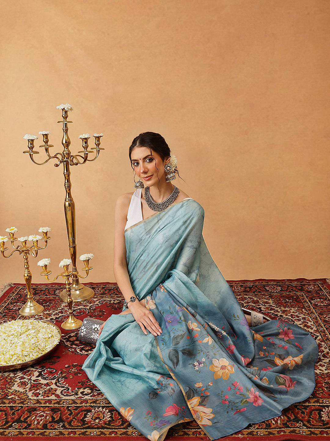 Hiral Fashion Blue Banarasi Cotton Silk Floral Digital Printed Saree | Swadesiicart