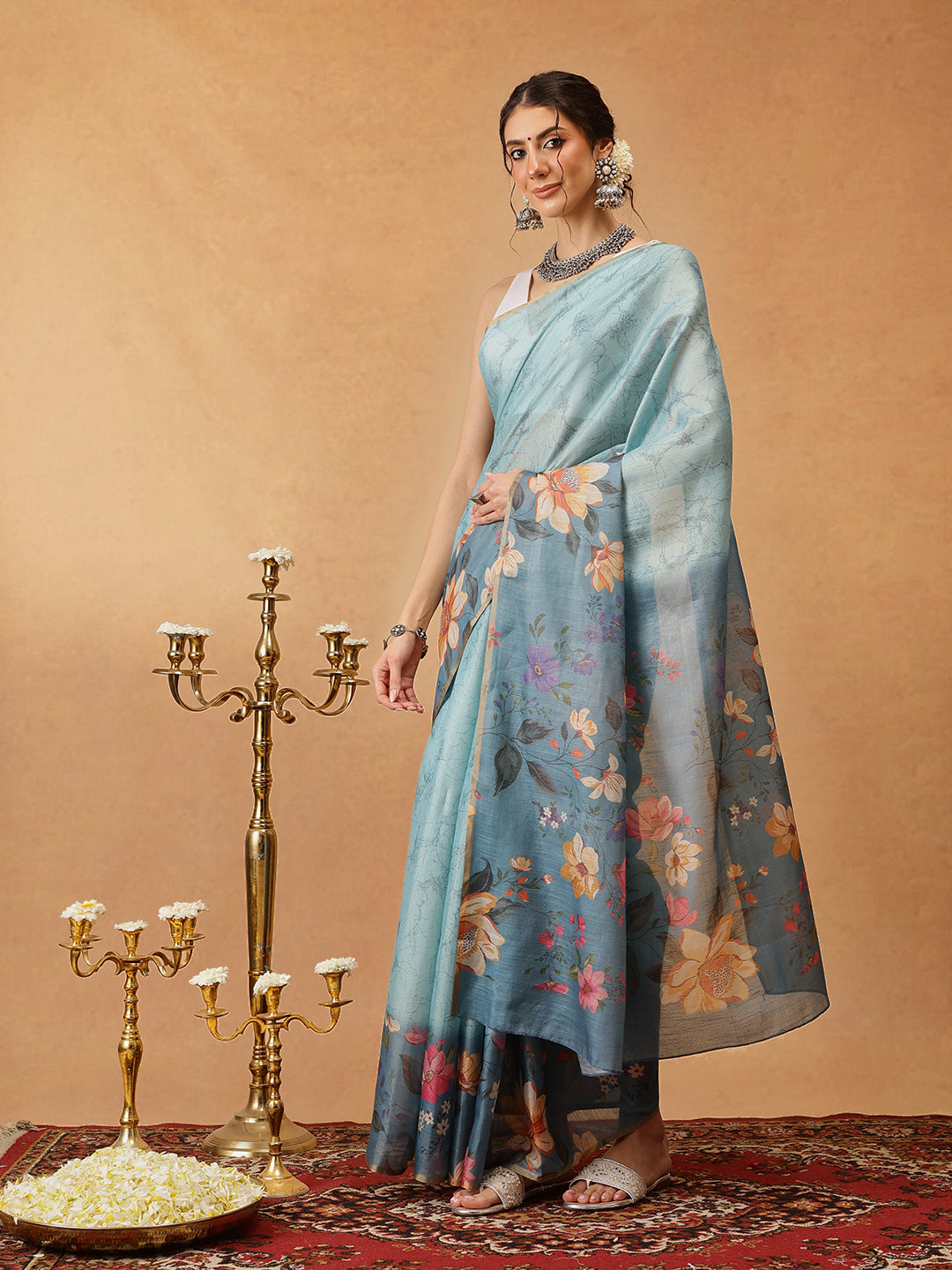 Hiral Fashion Blue Banarasi Cotton Silk Floral Digital Printed Saree | Swadesiicart