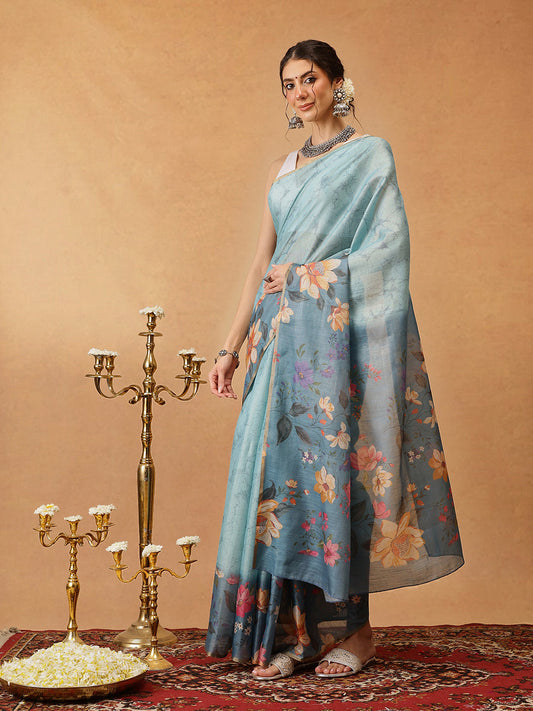 Hiral Fashion Blue Banarasi Cotton Silk Floral Digital Printed Saree | Swadesiicart
