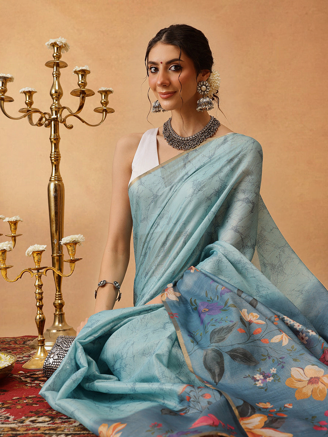 Hiral Fashion Blue Banarasi Cotton Silk Floral Digital Printed Saree | Swadesiicart