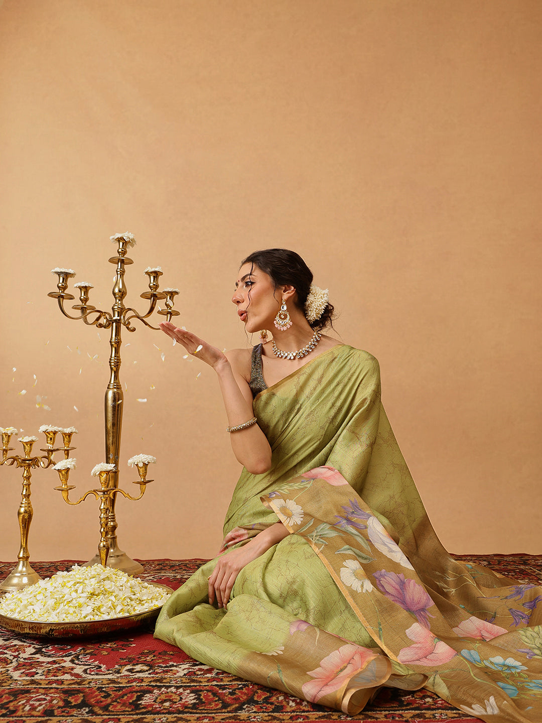 Hiral Fashion Olive Banarasi Cotton Silk Floral Digital Printed Saree | Swadesiicart