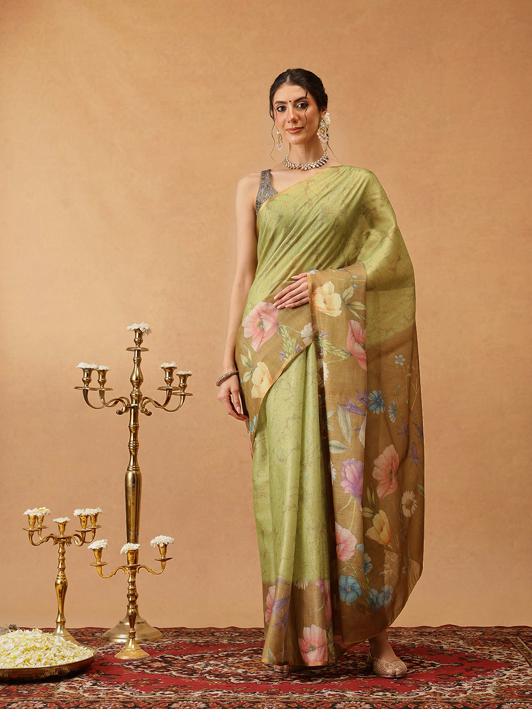 Hiral Fashion Olive Banarasi Cotton Silk Floral Digital Printed Saree | Swadesiicart