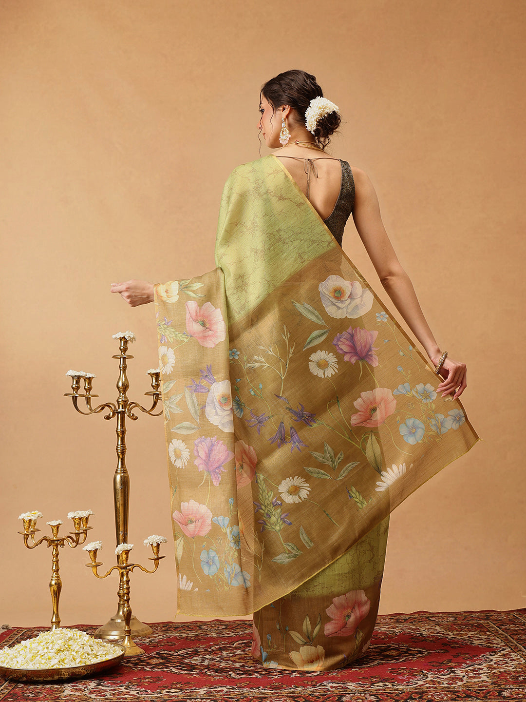 Hiral Fashion Olive Banarasi Cotton Silk Floral Digital Printed Saree | Swadesiicart