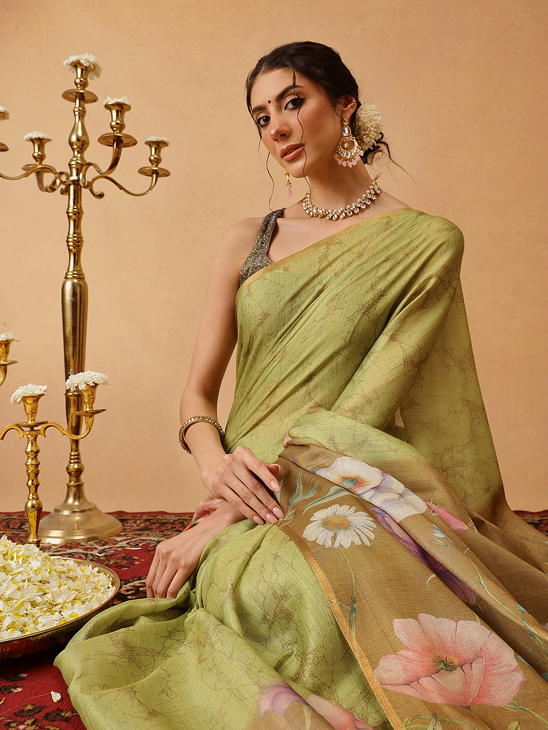 Hiral Fashion Olive Banarasi Cotton Silk Floral Digital Printed Saree | Swadesiicart