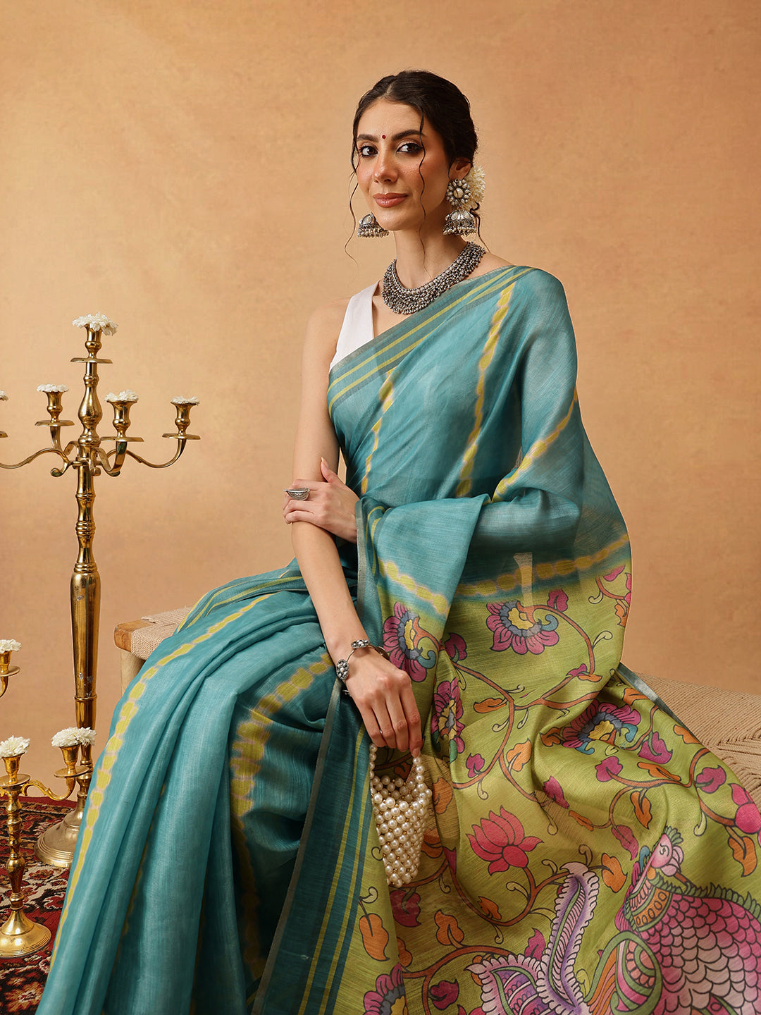 Hiral Fashion Teal Banarasi Cotton Silk Lahariya Digital Printed Saree | Swadesiicart