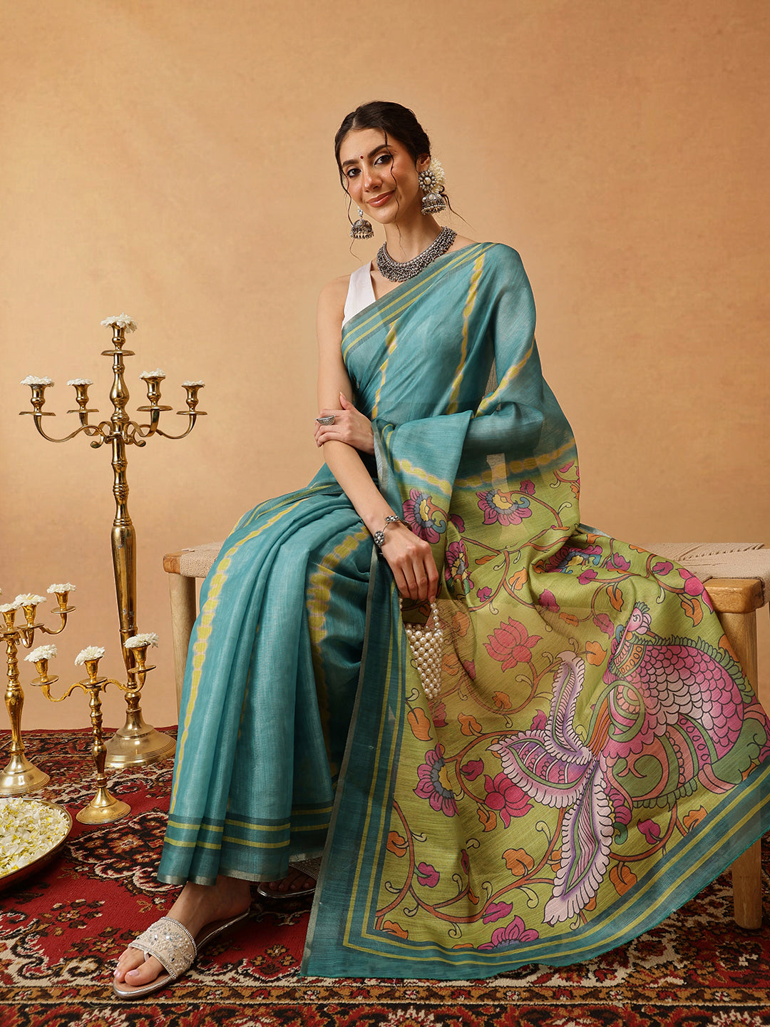 Hiral Fashion Teal Banarasi Cotton Silk Lahariya Digital Printed Saree | Swadesiicart