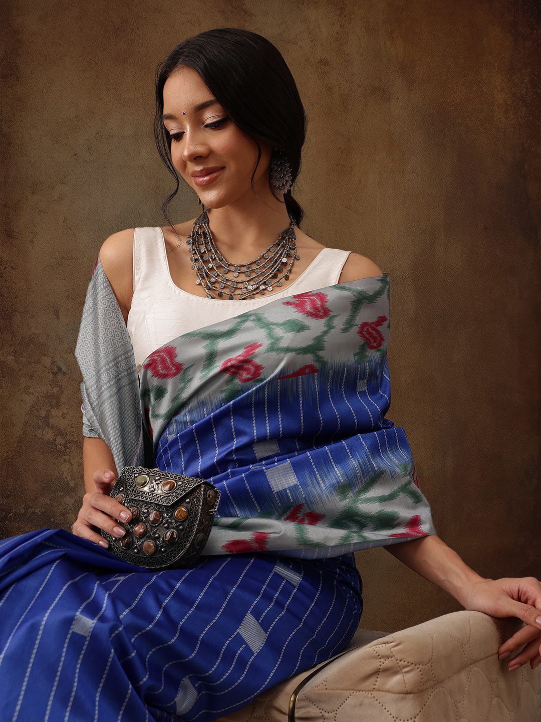 Blue Silk Blend Digital Print Striped Saree with Unstitched Blouse - Hiral Fashion | Swadesiicart