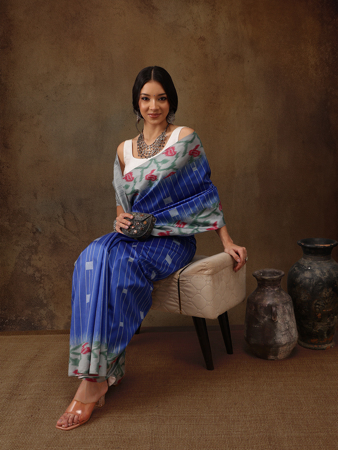 Blue Silk Blend Digital Print Striped Saree with Unstitched Blouse - Hiral Fashion | Swadesiicart