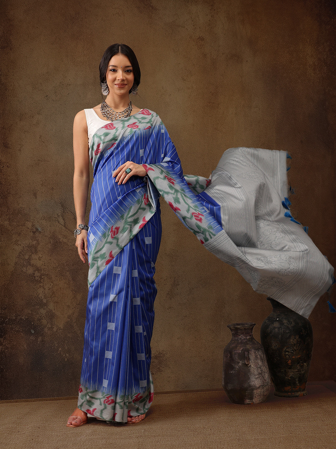 Blue Silk Blend Digital Print Striped Saree with Unstitched Blouse - Hiral Fashion | Swadesiicart