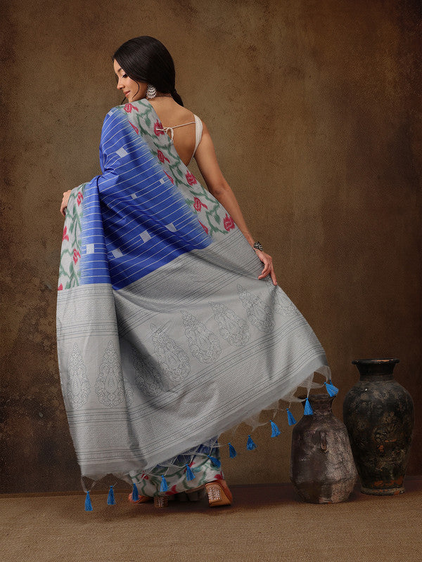 Blue Silk Blend Digital Print Striped Saree with Unstitched Blouse - Hiral Fashion | Swadesiicart