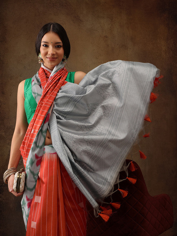 Orange Silk Blend Digital Print Striped Saree with Unstitched Blouse - Hiral Fashion | Swadesiicart
