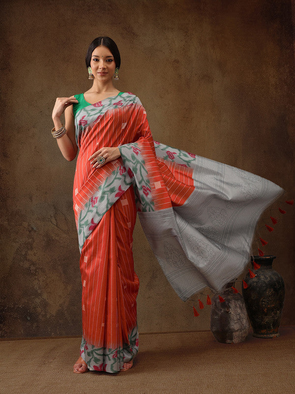 Orange Silk Blend Digital Print Striped Saree with Unstitched Blouse - Hiral Fashion | Swadesiicart