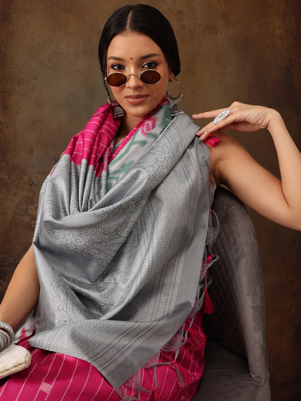 Pink Silk Blend Digital Print Striped Saree with Unstitched Blouse - Hiral Fashion | Swadesiicart