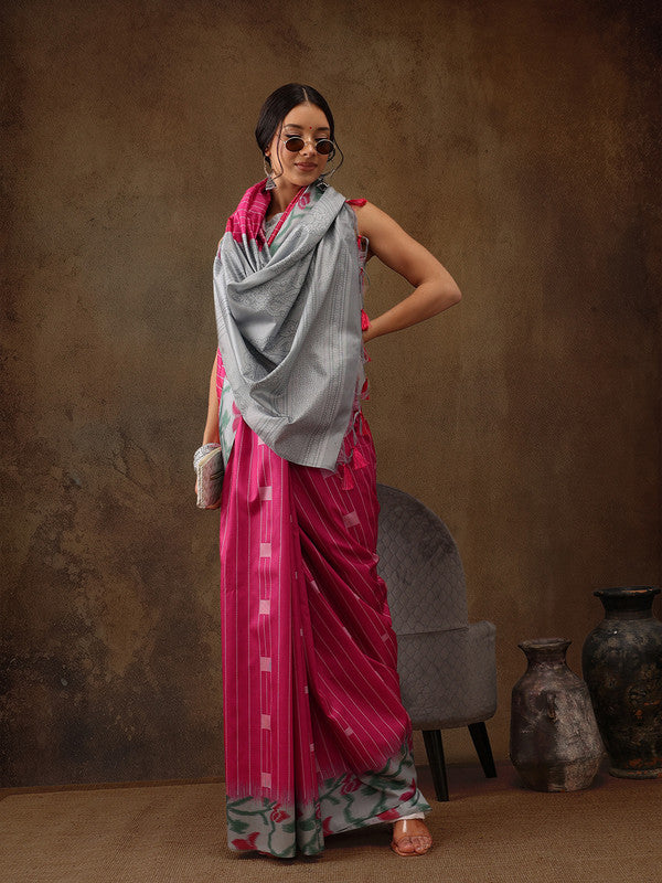Pink Silk Blend Digital Print Striped Saree with Unstitched Blouse - Hiral Fashion | Swadesiicart