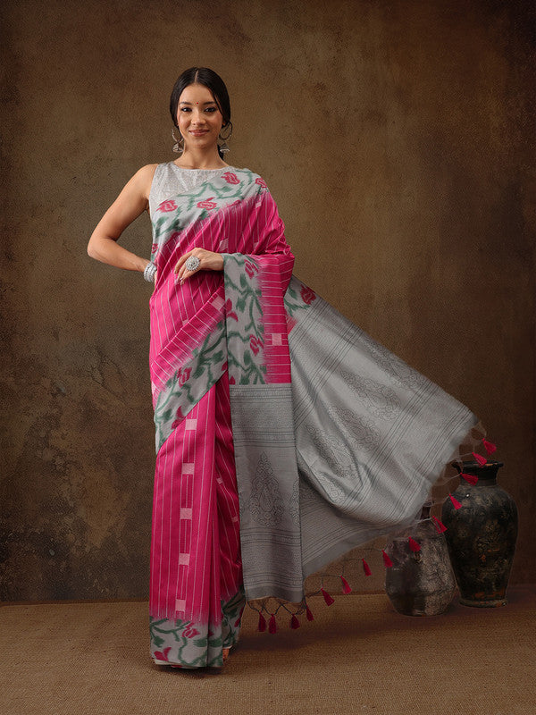Pink Silk Blend Digital Print Striped Saree with Unstitched Blouse - Hiral Fashion | Swadesiicart