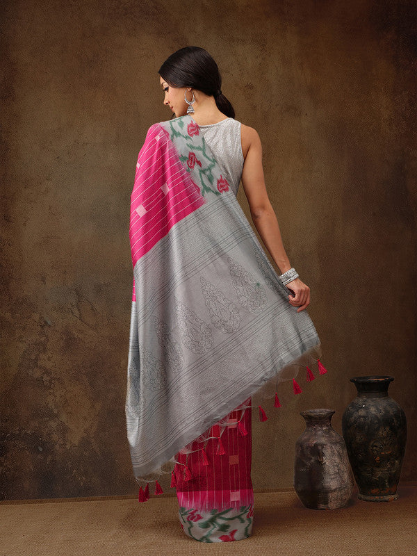 Pink Silk Blend Digital Print Striped Saree with Unstitched Blouse - Hiral Fashion | Swadesiicart