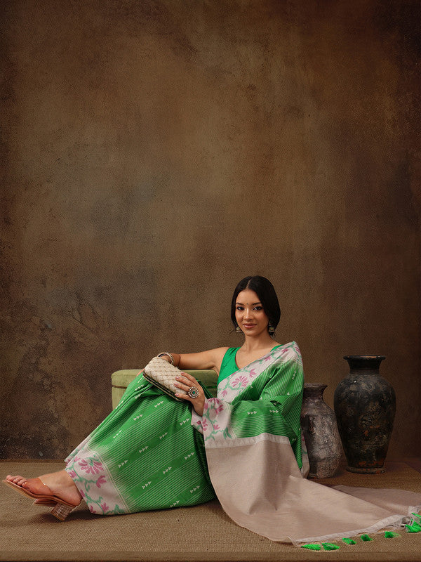 Green Silk Blend Digital Print Striped Saree with Unstitched Blouse - Hiral Fashion | Swadesiicart