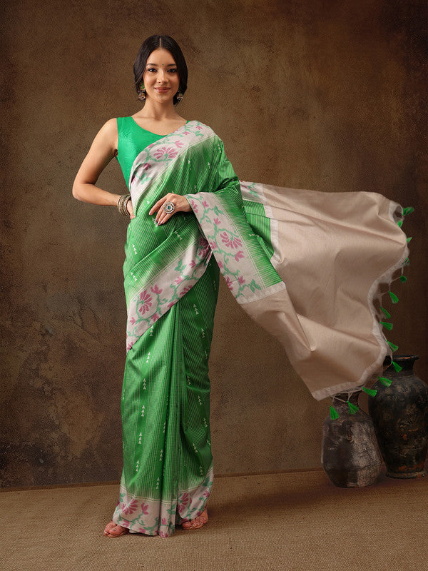 Green Silk Blend Digital Print Striped Saree with Unstitched Blouse - Hiral Fashion | Swadesiicart