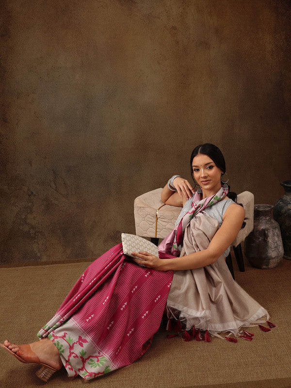 Maroon Silk Blend Digital Print Striped Saree with Unstitched Blouse - Hiral Fashion | Swadesiicart