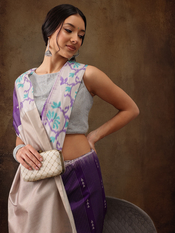 Purple Silk Blend Digital Print Striped Saree with Unstitched Blouse - Hiral Fashion | Swadesiicart