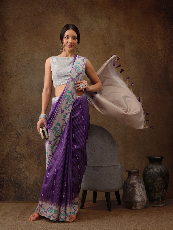 Purple Silk Blend Digital Print Striped Saree with Unstitched Blouse - Hiral Fashion | Swadesiicart