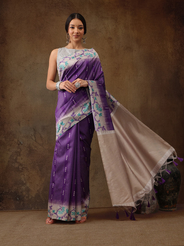 Purple Silk Blend Digital Print Striped Saree with Unstitched Blouse - Hiral Fashion | Swadesiicart