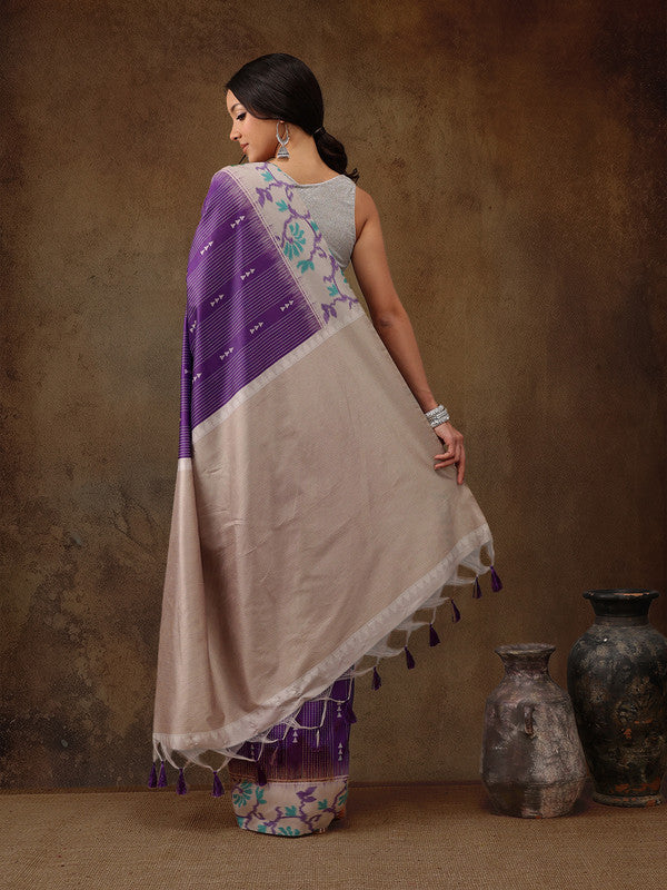 Purple Silk Blend Digital Print Striped Saree with Unstitched Blouse - Hiral Fashion | Swadesiicart