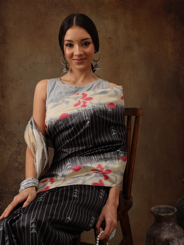 Black Silk Blend Digital Print Striped Saree with Unstitched Blouse - Hiral Fashion | Swadesiicart