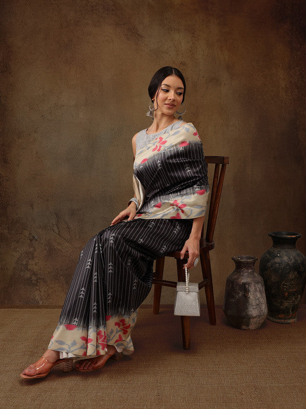 Black Silk Blend Digital Print Striped Saree with Unstitched Blouse - Hiral Fashion | Swadesiicart