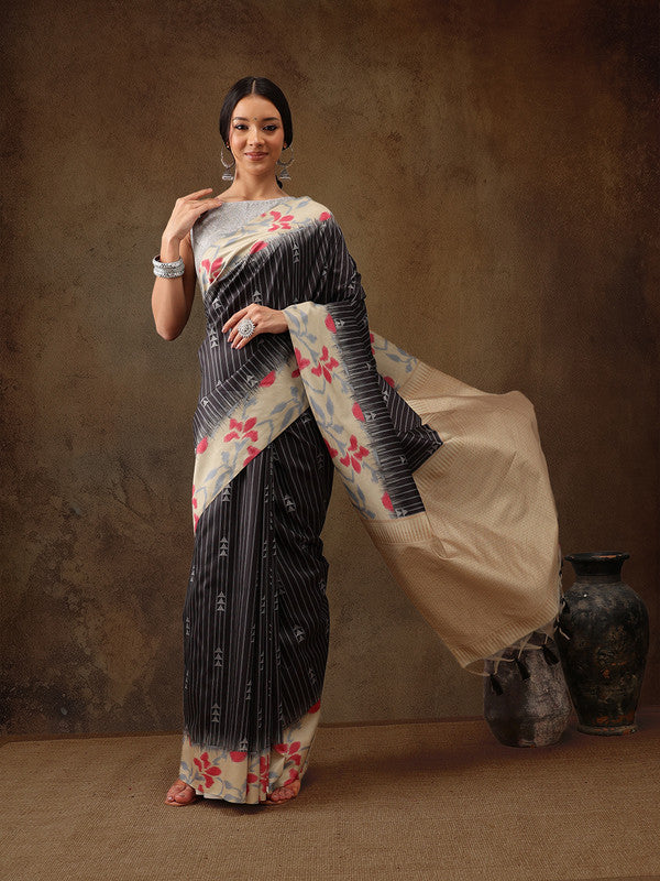 Black Silk Blend Digital Print Striped Saree with Unstitched Blouse - Hiral Fashion | Swadesiicart