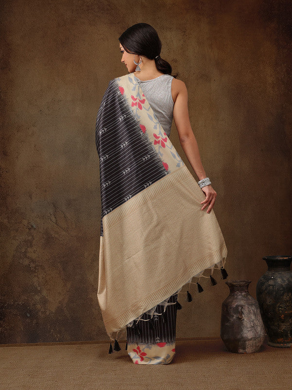 Black Silk Blend Digital Print Striped Saree with Unstitched Blouse - Hiral Fashion | Swadesiicart