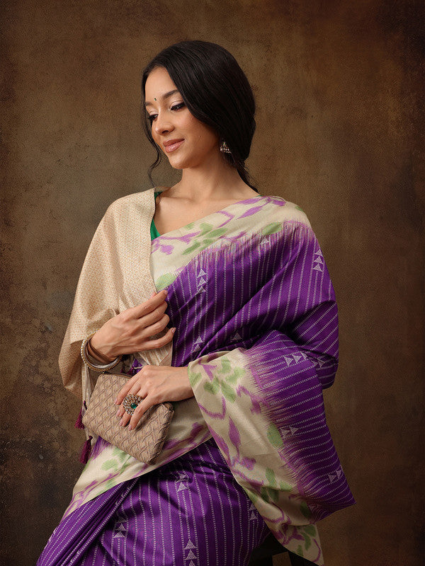 Purple Silk Blend Digital Print Striped Saree with Unstitched Blouse - Hiral Fashion | Swadesiicart
