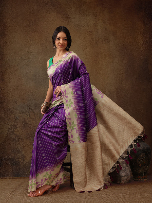 Purple Silk Blend Digital Print Striped Saree with Unstitched Blouse - Hiral Fashion | Swadesiicart