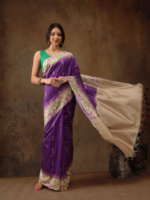 Purple Silk Blend Digital Print Striped Saree with Unstitched Blouse - Hiral Fashion | Swadesiicart