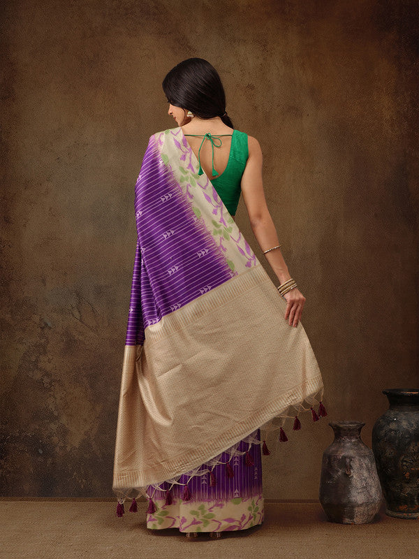 Purple Silk Blend Digital Print Striped Saree with Unstitched Blouse - Hiral Fashion | Swadesiicart