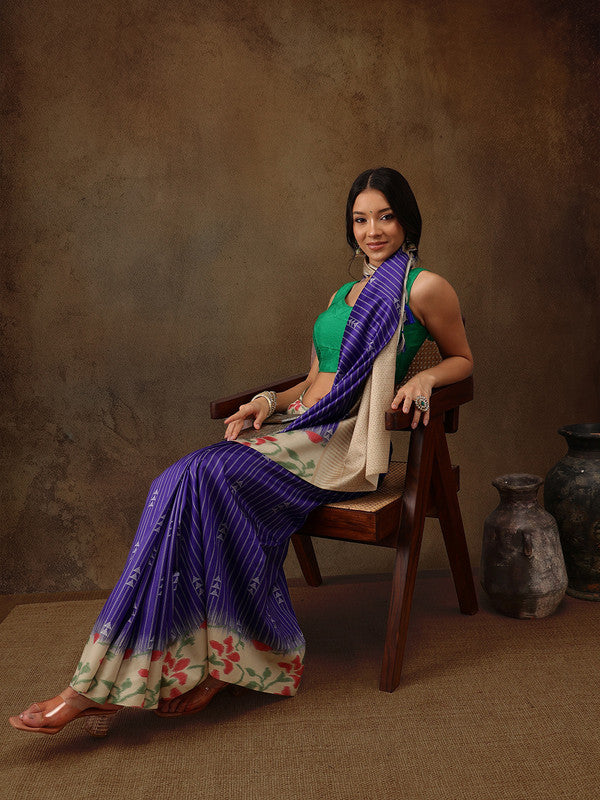 Royal Blue Silk Blend Digital Print Striped Saree with Unstitched Blouse - Hiral Fashion | Swadesiicart