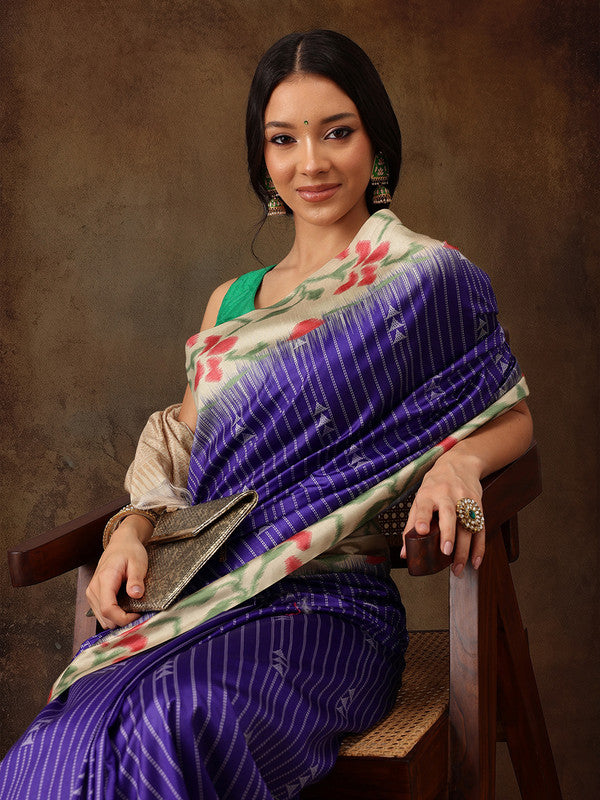 Royal Blue Silk Blend Digital Print Striped Saree with Unstitched Blouse - Hiral Fashion | Swadesiicart