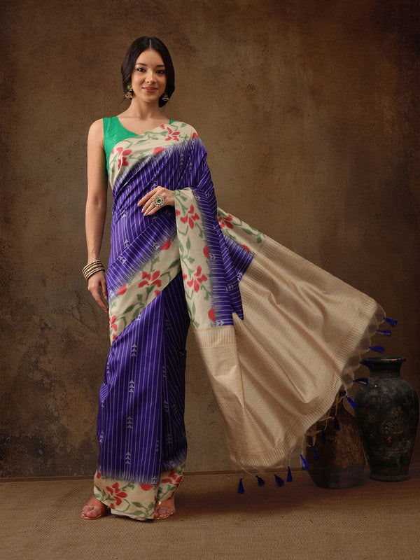 Royal Blue Silk Blend Digital Print Striped Saree with Unstitched Blouse - Hiral Fashion | Swadesiicart