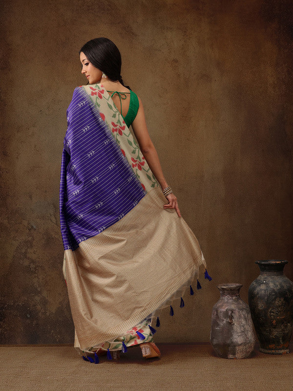 Royal Blue Silk Blend Digital Print Striped Saree with Unstitched Blouse - Hiral Fashion | Swadesiicart