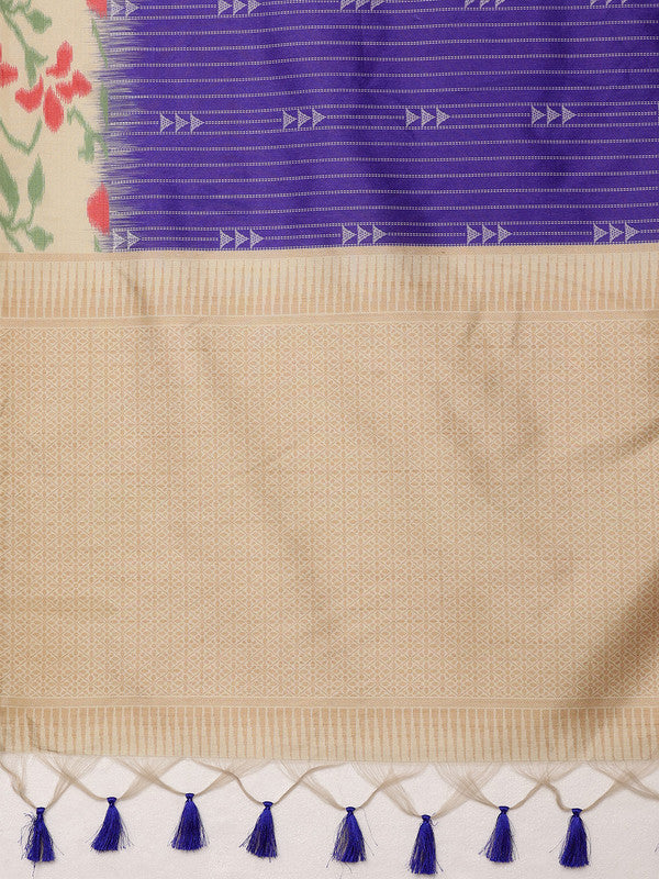 Royal Blue Silk Blend Digital Print Striped Saree with Unstitched Blouse - Hiral Fashion | Swadesiicart