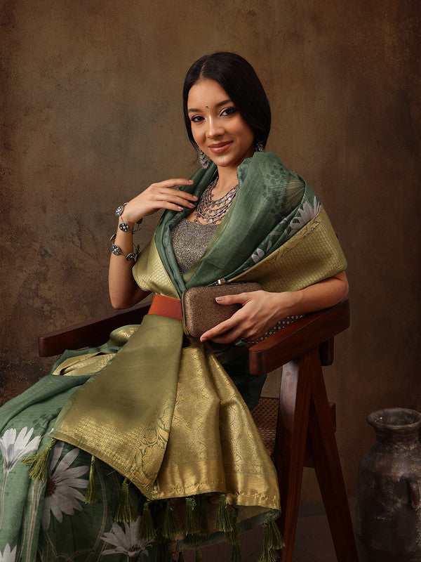 Green Munga Silk Digital Print Floral Saree with Unstitched Blouse - Hiral Fashion | Swadesiicart