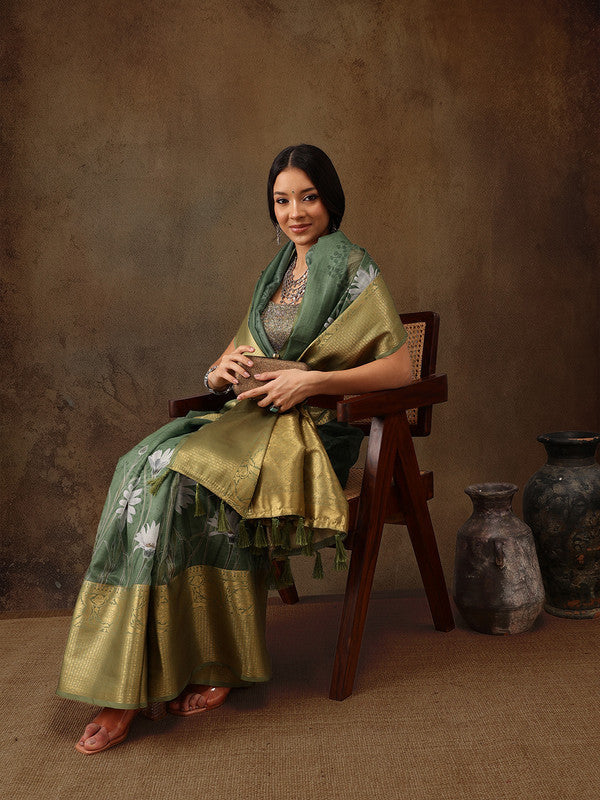 Green Munga Silk Digital Print Floral Saree with Unstitched Blouse - Hiral Fashion | Swadesiicart