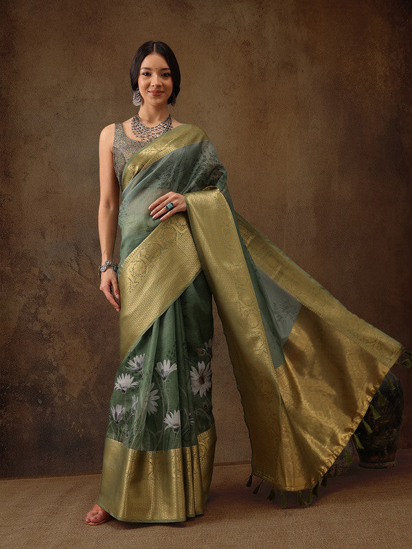 Green Munga Silk Digital Print Floral Saree with Unstitched Blouse - Hiral Fashion | Swadesiicart