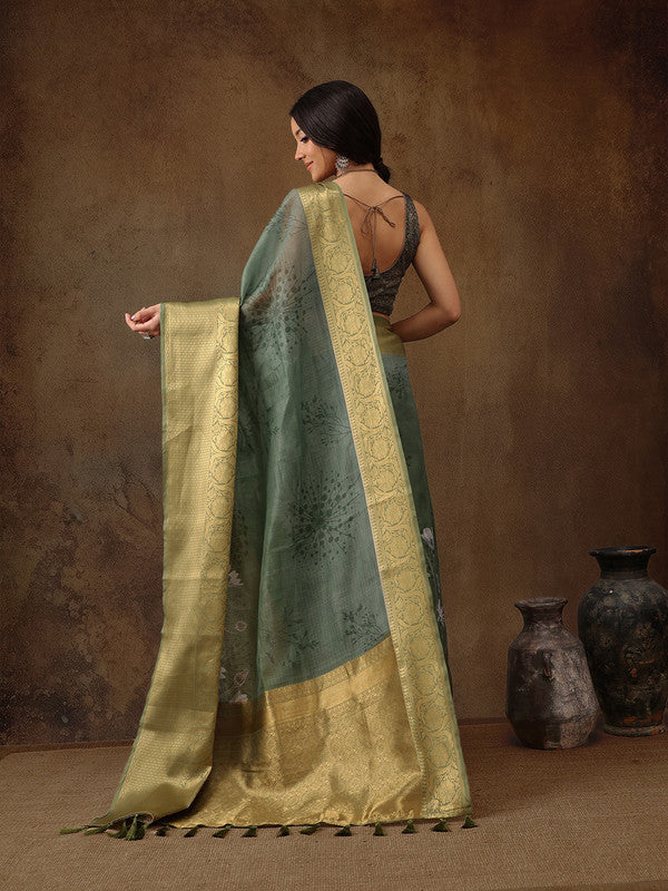 Green Munga Silk Digital Print Floral Saree with Unstitched Blouse - Hiral Fashion | Swadesiicart