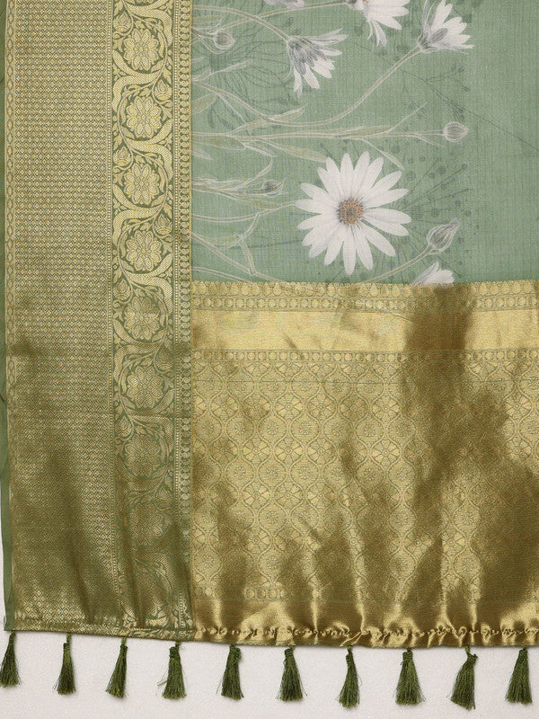 Green Munga Silk Digital Print Floral Saree with Unstitched Blouse - Hiral Fashion | Swadesiicart