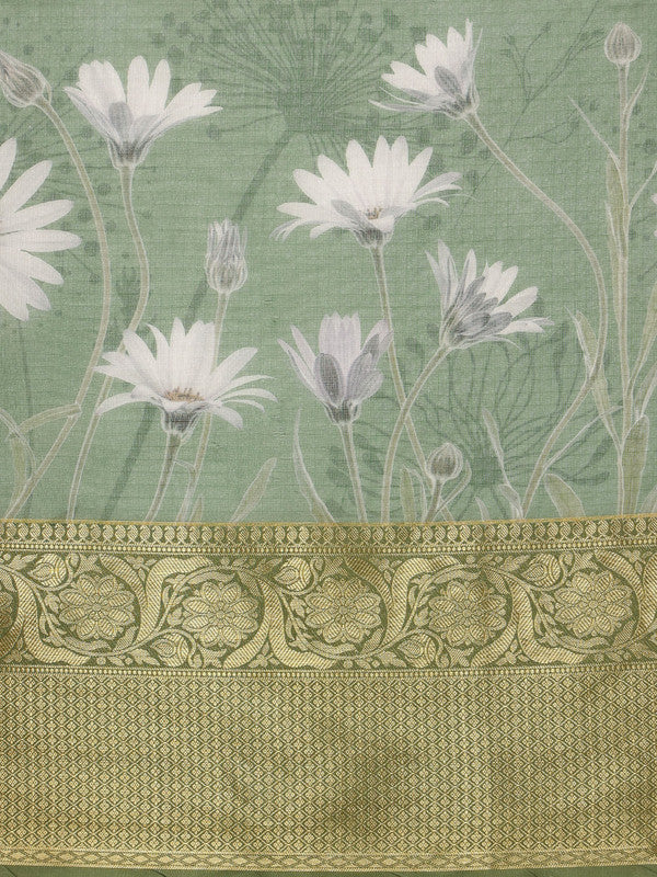Green Munga Silk Digital Print Floral Saree with Unstitched Blouse - Hiral Fashion | Swadesiicart
