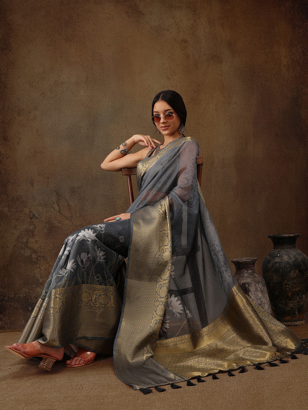 Gray Munga Silk Digital Print Floral Saree with Unstitched Blouse - Hiral Fashion | Swadesiicart