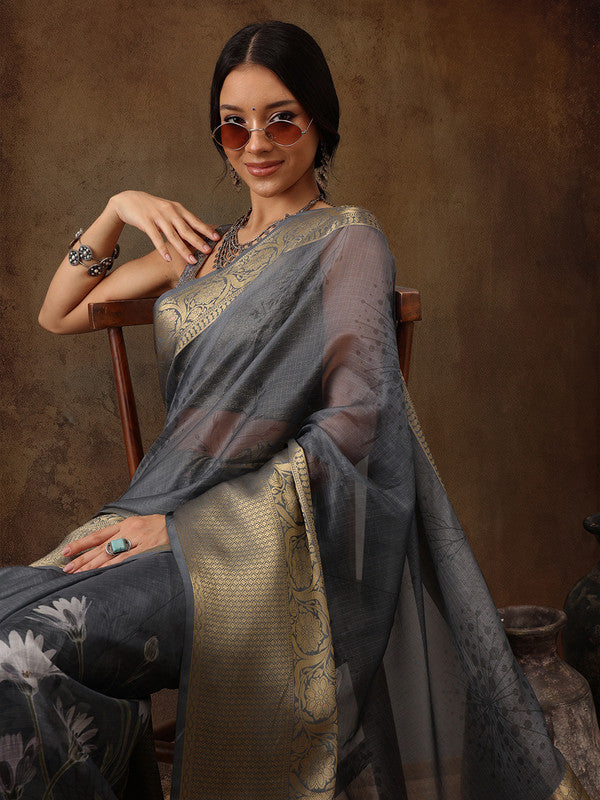 Gray Munga Silk Digital Print Floral Saree with Unstitched Blouse - Hiral Fashion | Swadesiicart