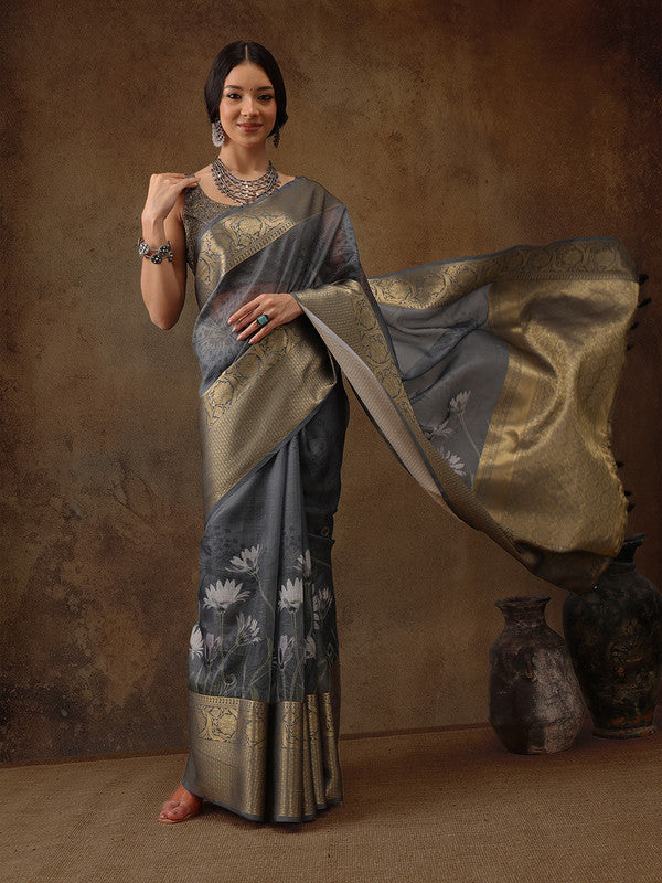 Gray Munga Silk Digital Print Floral Saree with Unstitched Blouse - Hiral Fashion | Swadesiicart